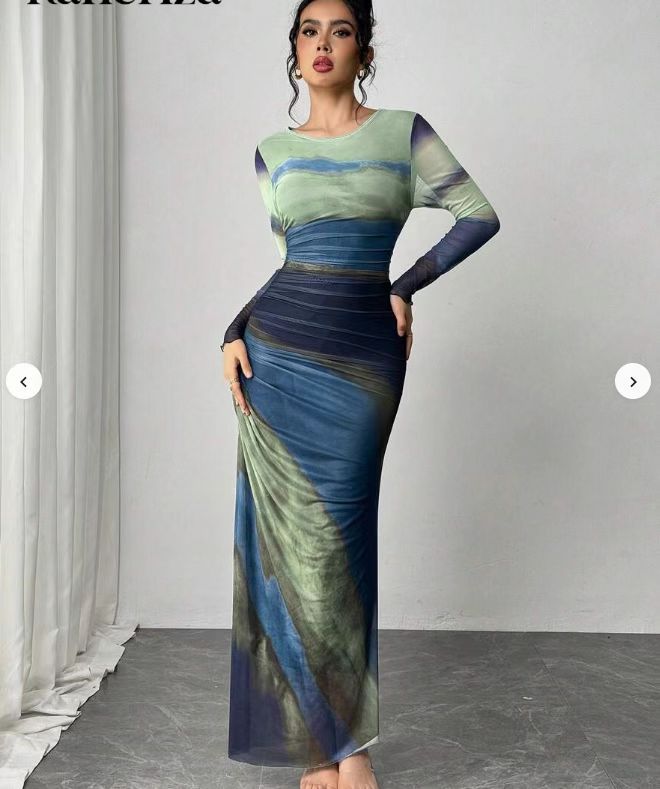 Closette | Printed Long Sleeve Bodycon Maxi Dress For Woman