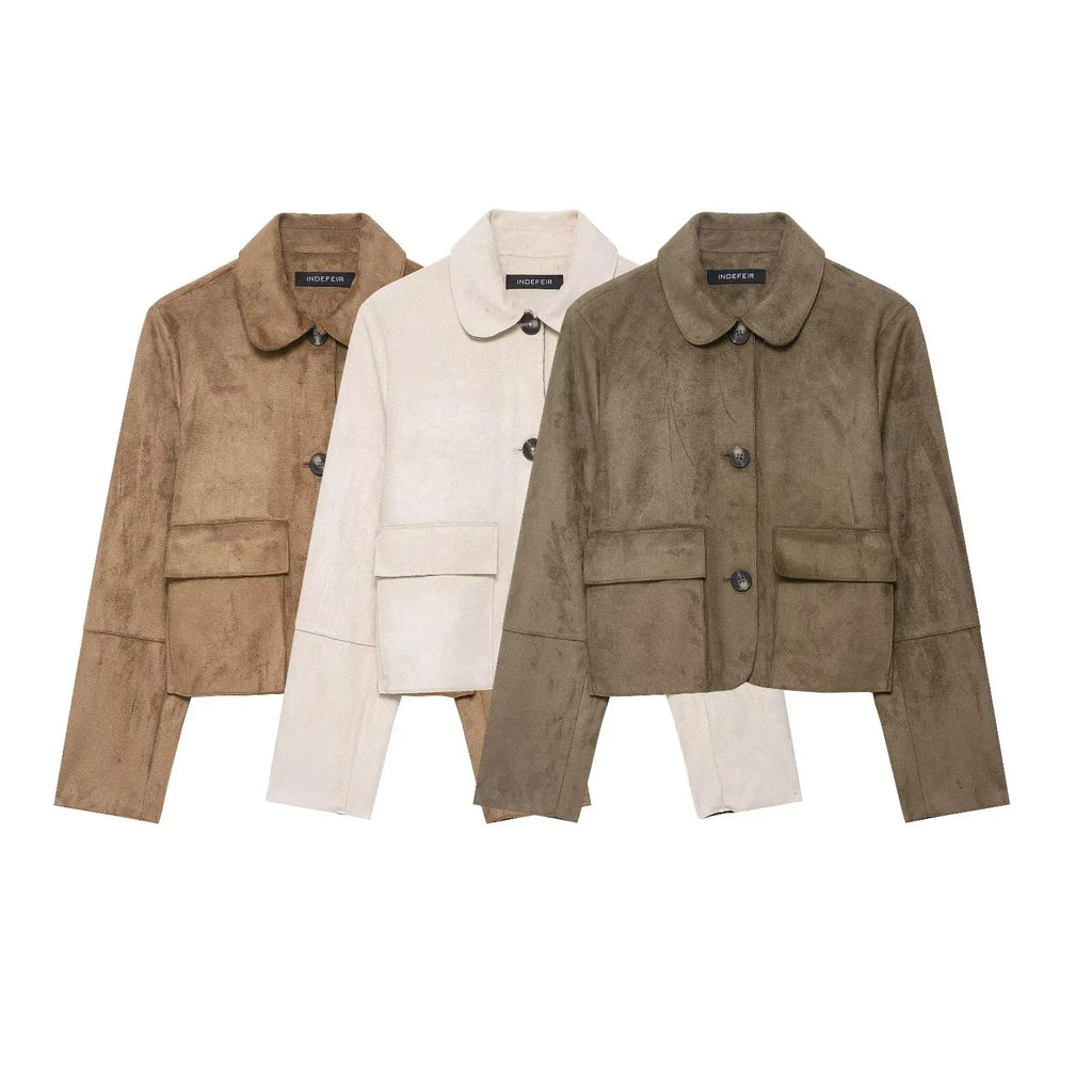 Closette | Cropped Faux Suede Jacket with Flap Pockets For Woman