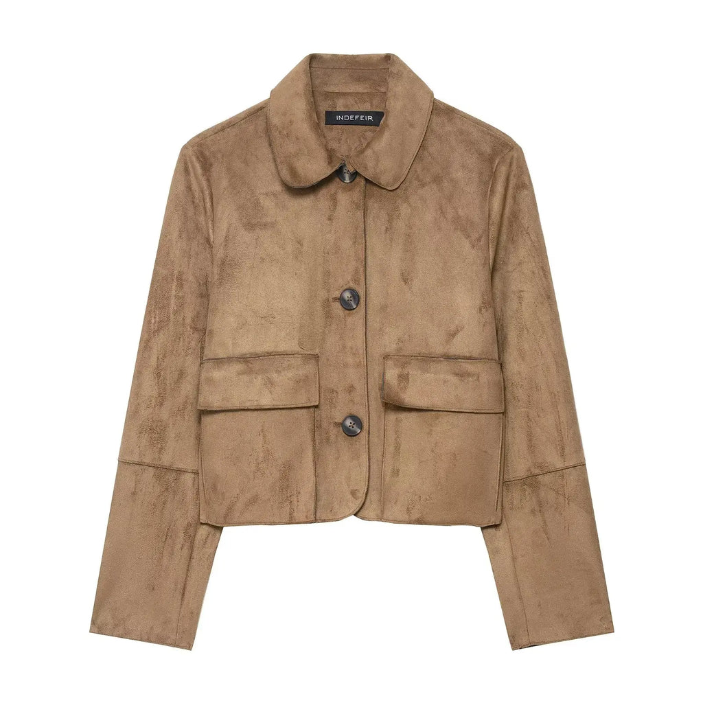 Closette | Cropped Faux Suede Jacket with Flap Pockets For Woman