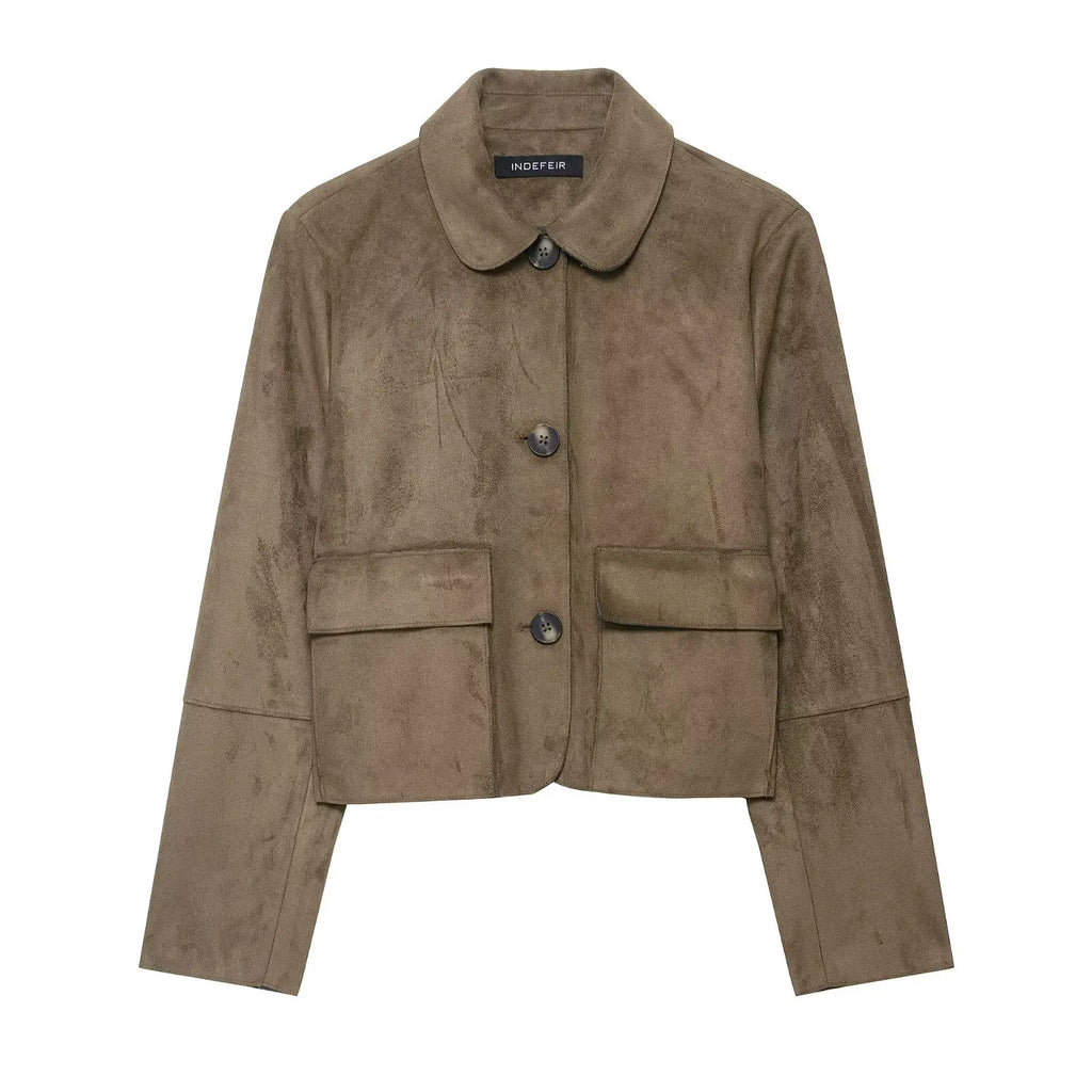 Closette | Cropped Faux Suede Jacket with Flap Pockets For Woman