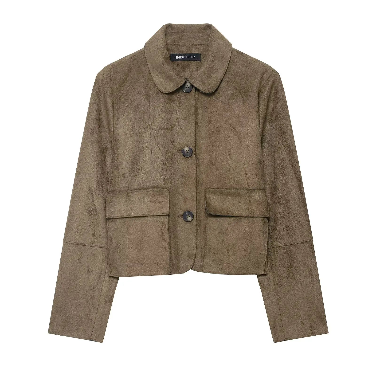 Closette | Cropped Faux Suede Jacket with Flap Pockets For Woman