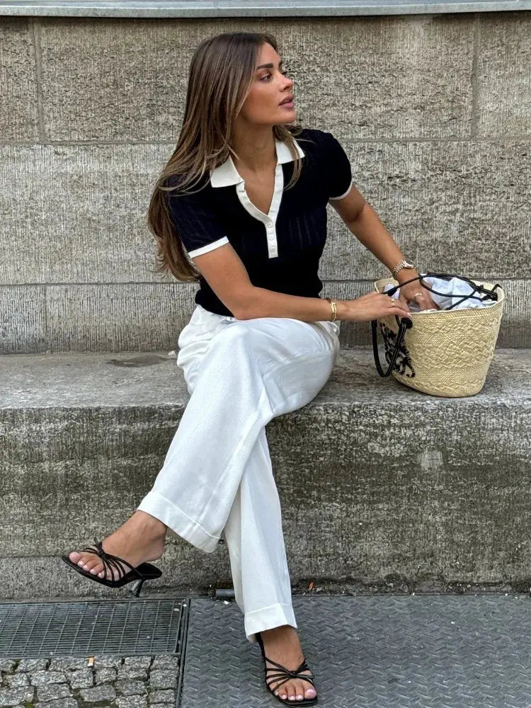 Closette | Contrast Collar Knit Polo Top For Woman