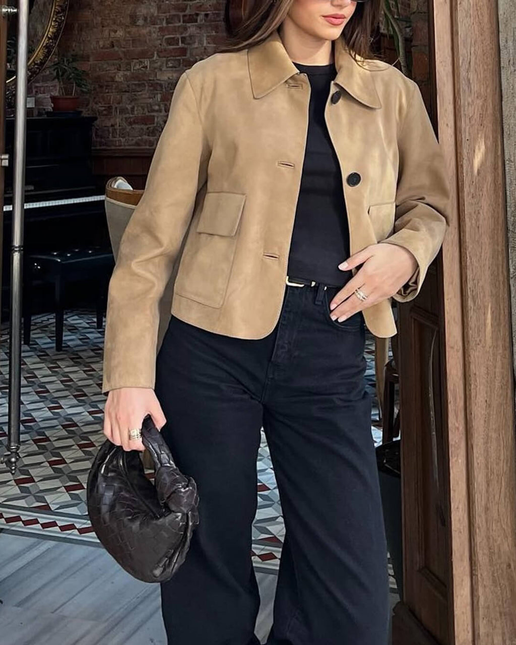 Closette | Cropped Faux Suede Jacket with Flap Pockets For Woman