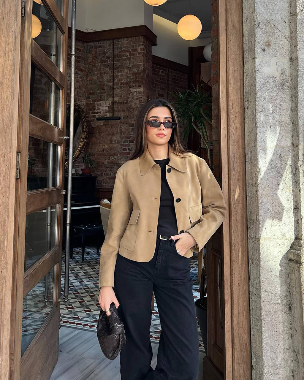 Closette | Cropped Faux Suede Jacket with Flap Pockets For Woman