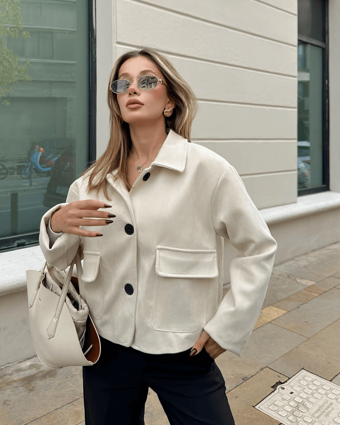 Closette | Cropped Faux Suede Jacket with Flap Pockets For Woman