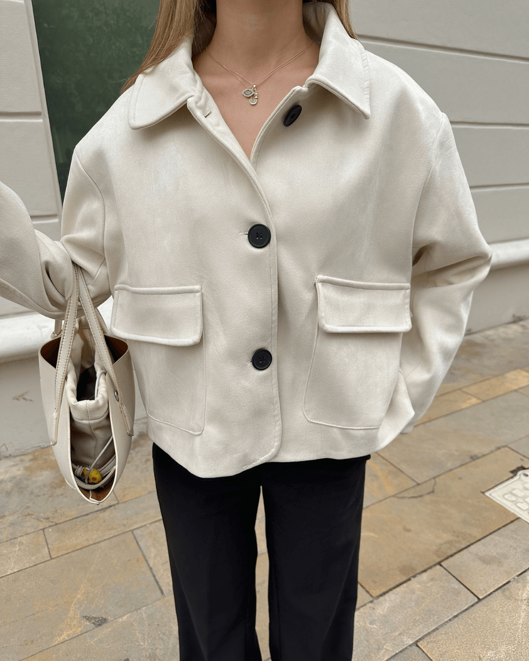 Closette | Cropped Faux Suede Jacket with Flap Pockets For Woman