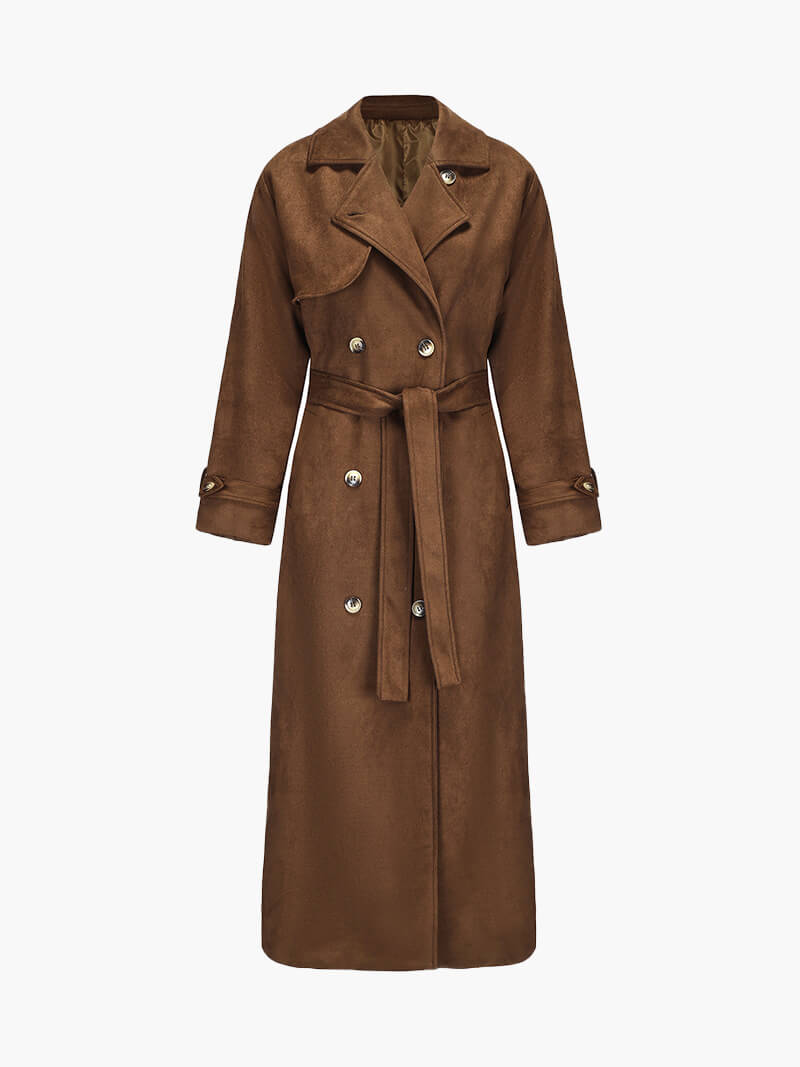 Closette | Long Faux Suede Trench Coat with Waist Belt For Woman