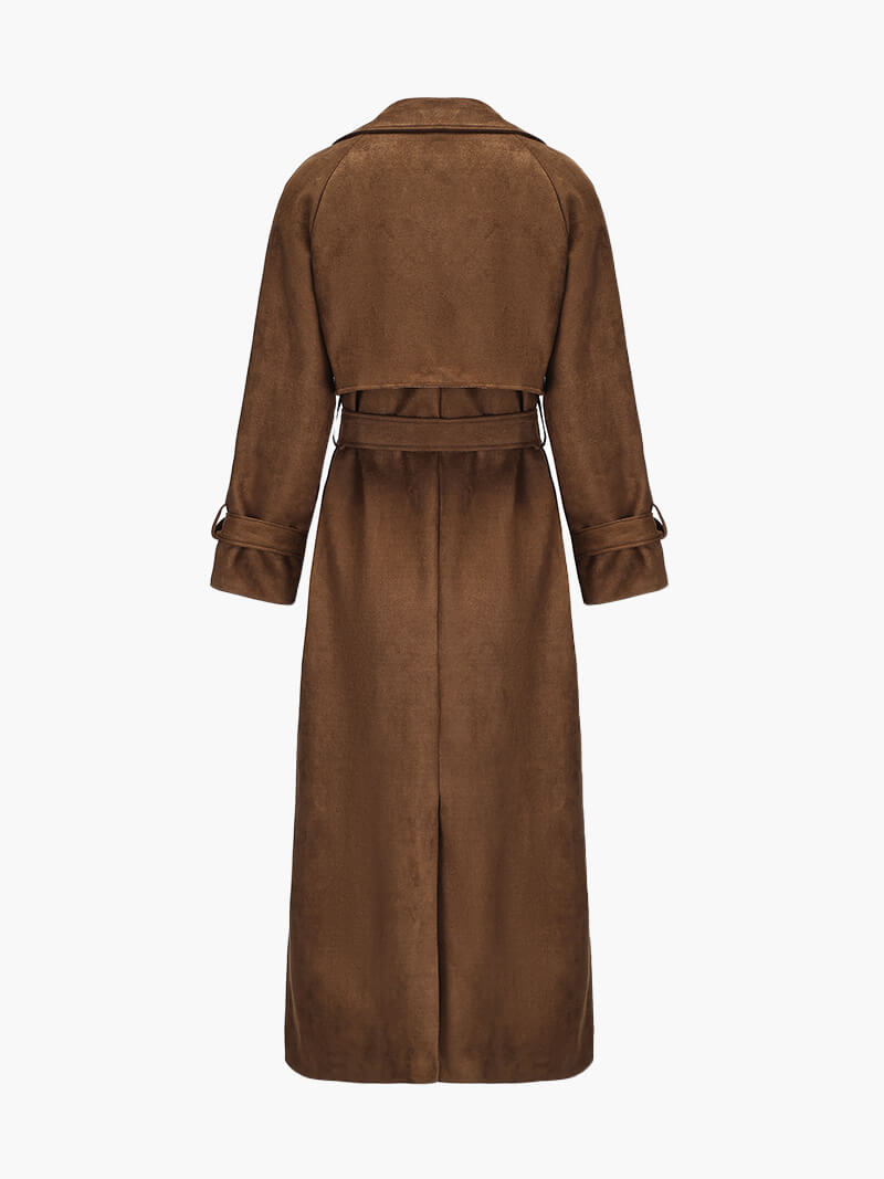 Closette | Long Faux Suede Trench Coat with Waist Belt For Woman