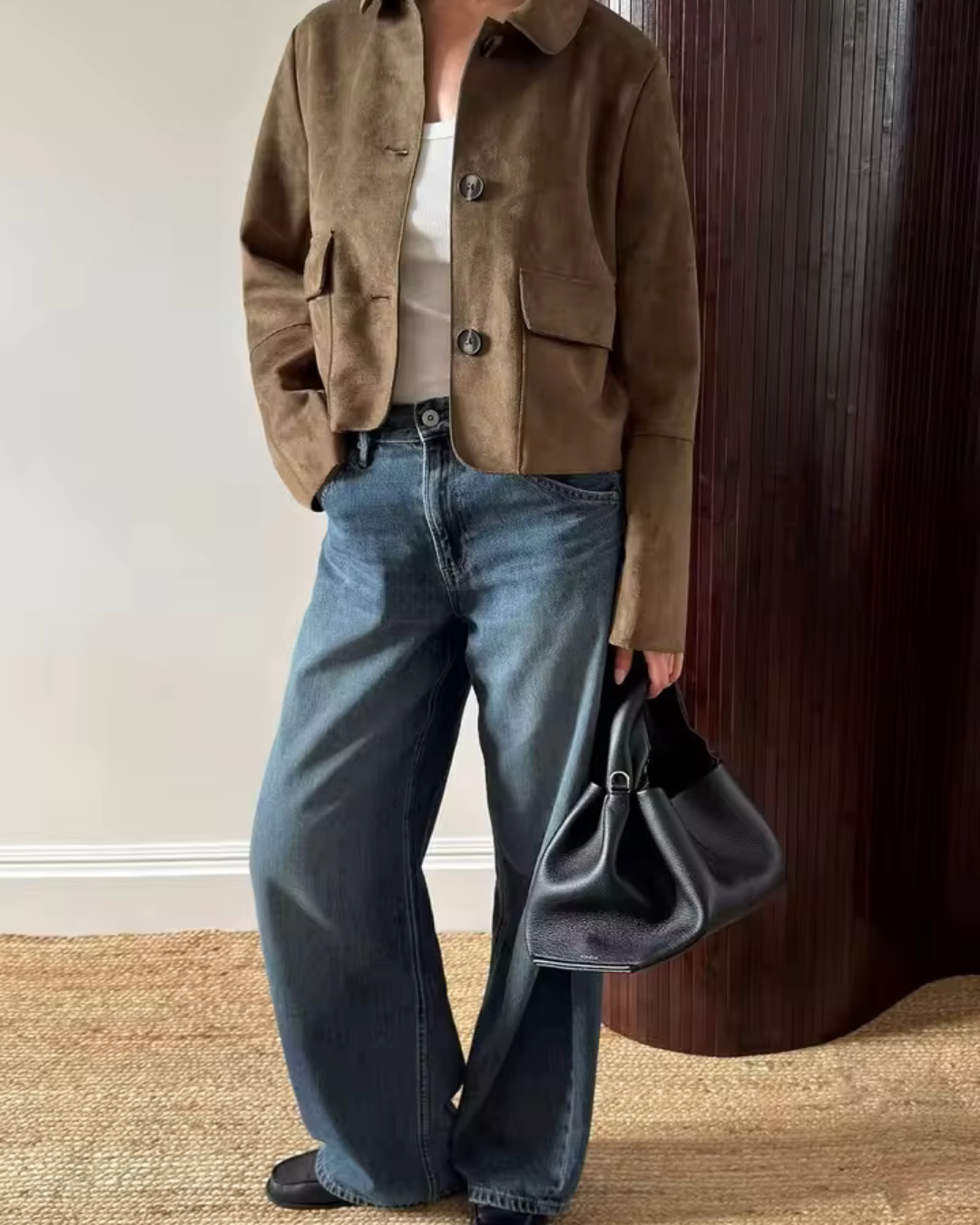 Closette | Cropped Faux Suede Jacket with Flap Pockets For Woman